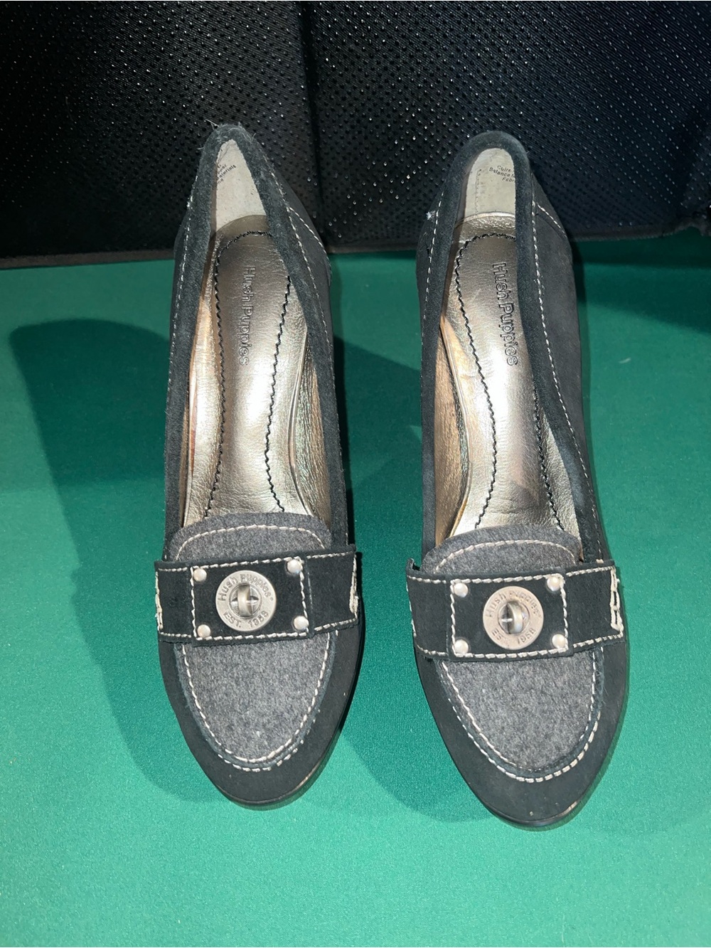 Black & Gray Women's Loafer Pump with Decorative Hardware